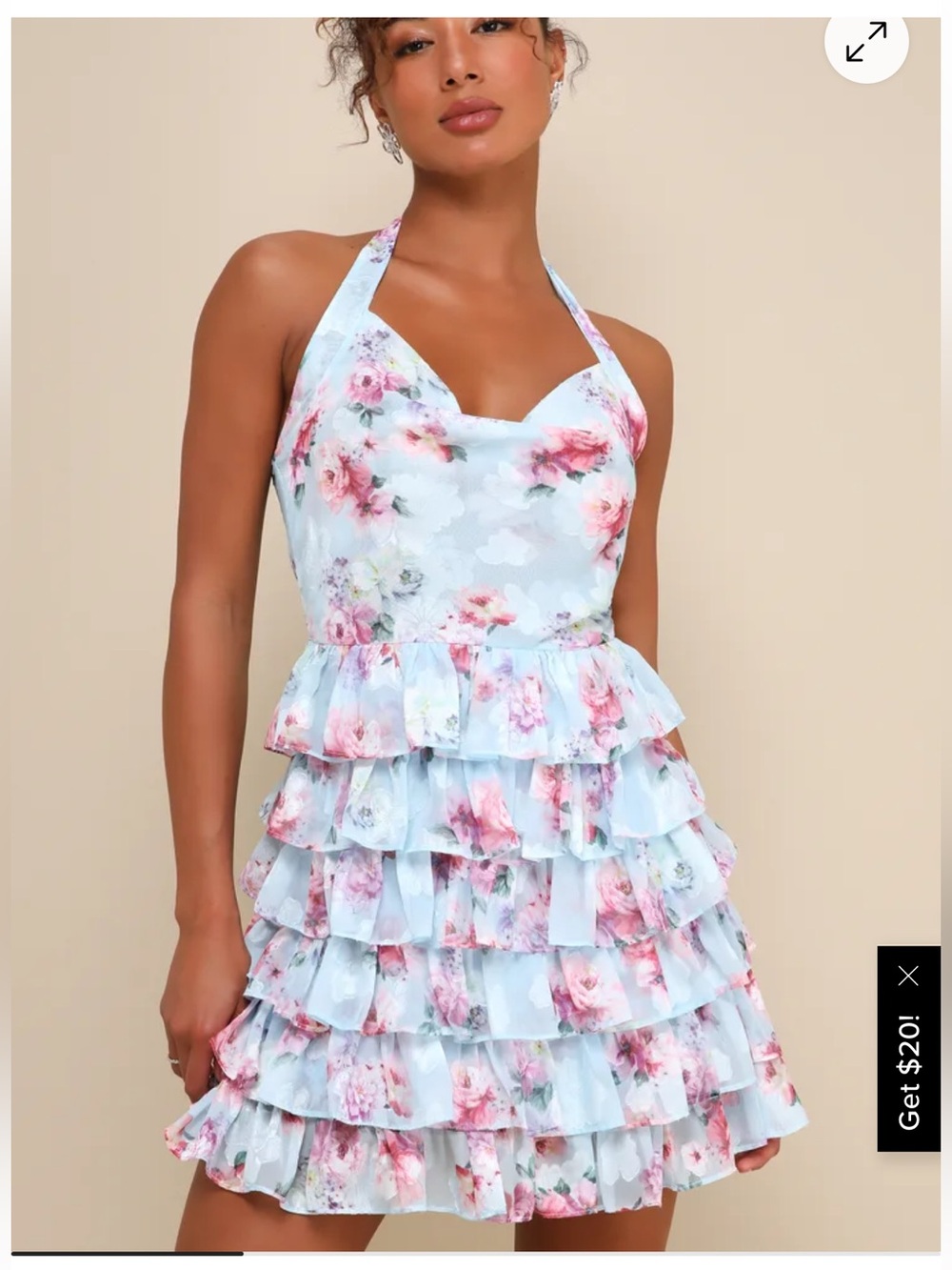 Lulu's Trending Adorable Light Blue Floral Tiered Halter Dress in Size XSmall